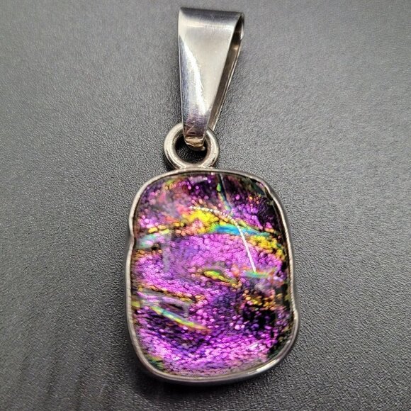 Charles Albert 950 Sterling Silver Pink Dichroic Glass Pendant Rectangular - Picture 1 of 7